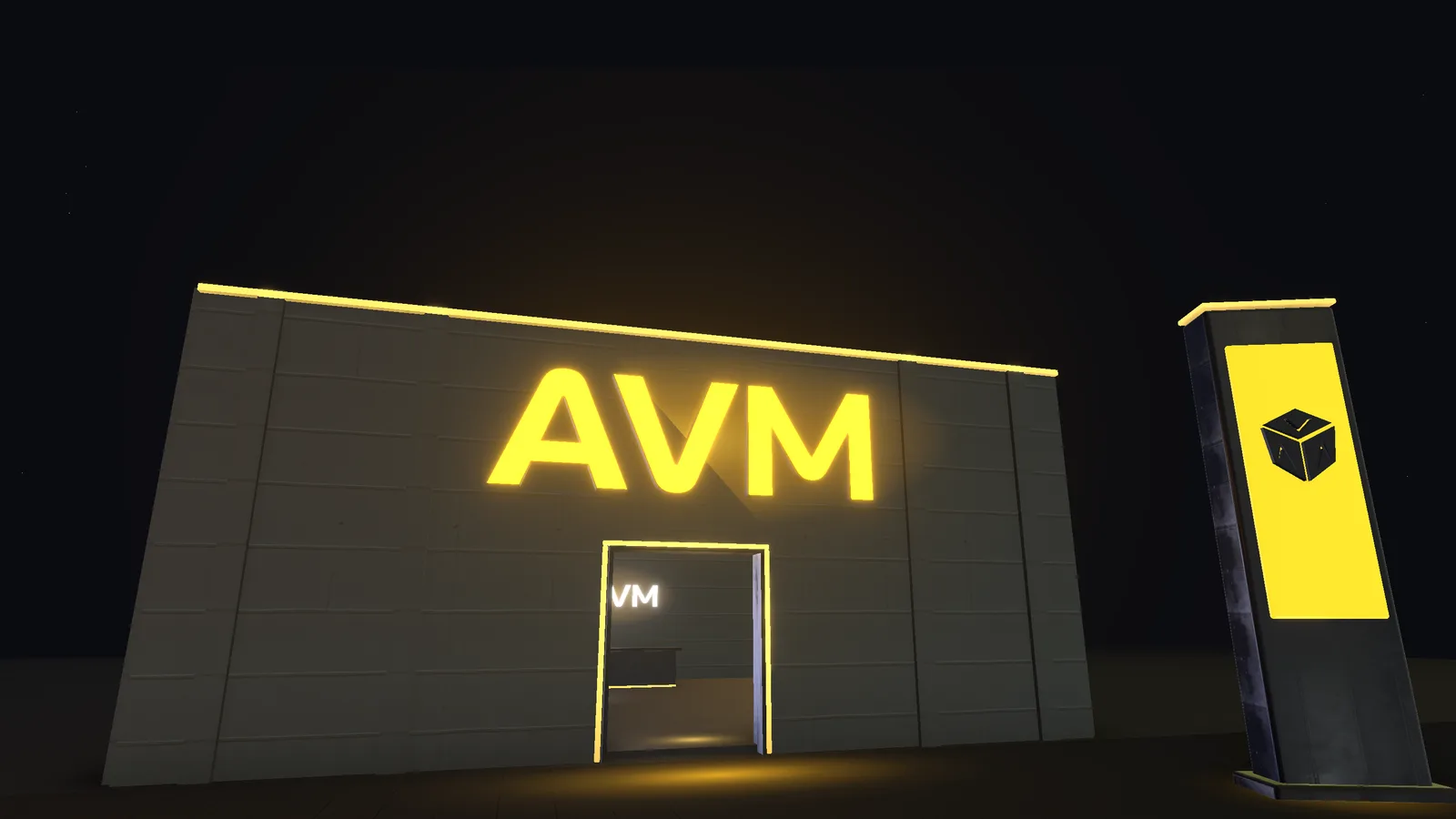 Fachada del local AVM de noche: letras canal AVM encendidas, puerta iluminada y tótem dorado con el isotipo